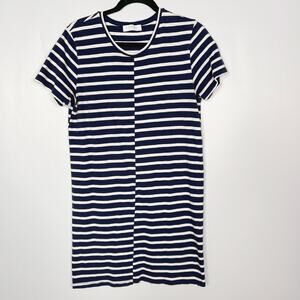 Everlane Medium M Navy Blue White The Beach Tee Dress Staggered Stripe Crew Neck